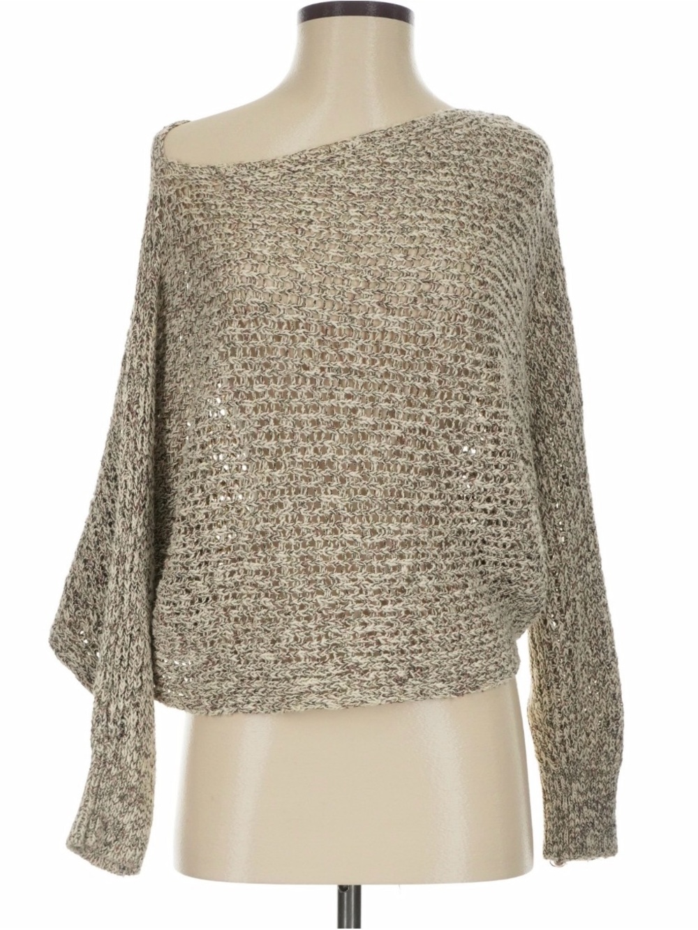 Free People Women's Open-Knit Off-Shoulder Sweater in Beige medium boho